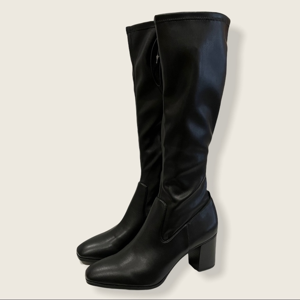 Franco Sarto Indira Black Knee-High Boots. Block heel